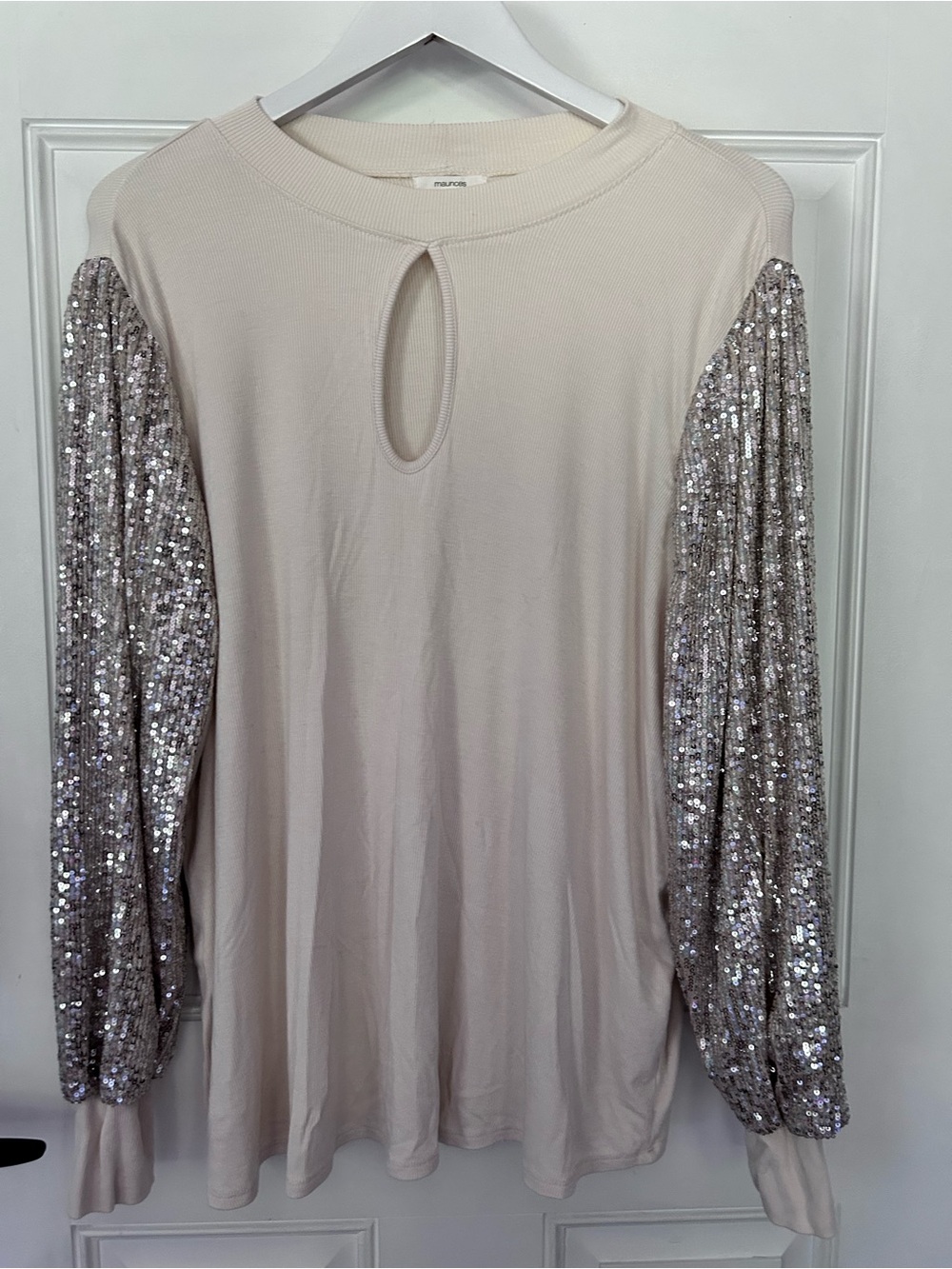 Maurices Cream Long Sleeve Top with Sequin Puff Sleeves and Keyhole